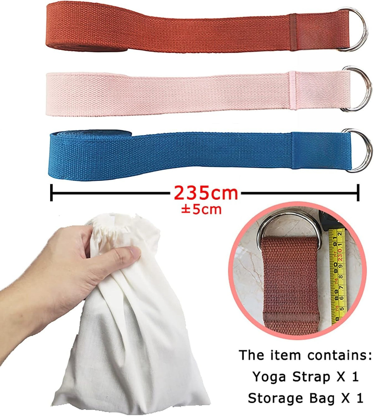 8Ft 240g Thick Cotton Yoga Strap D‑Ring