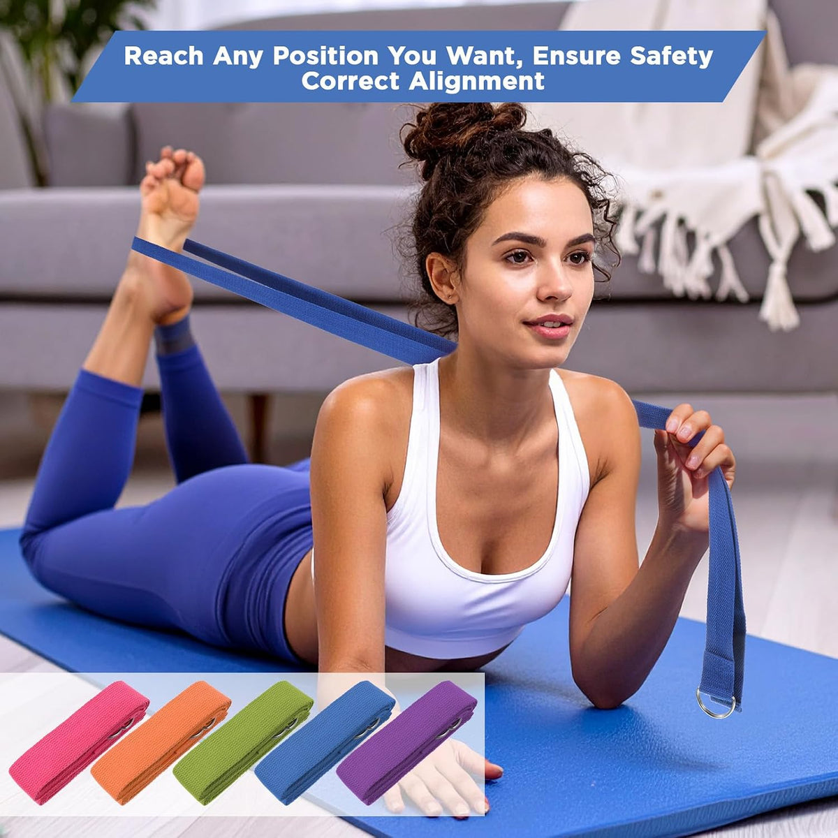 10Pcs Multicolor 8Ft Yoga Strap with Metal D‑Ring