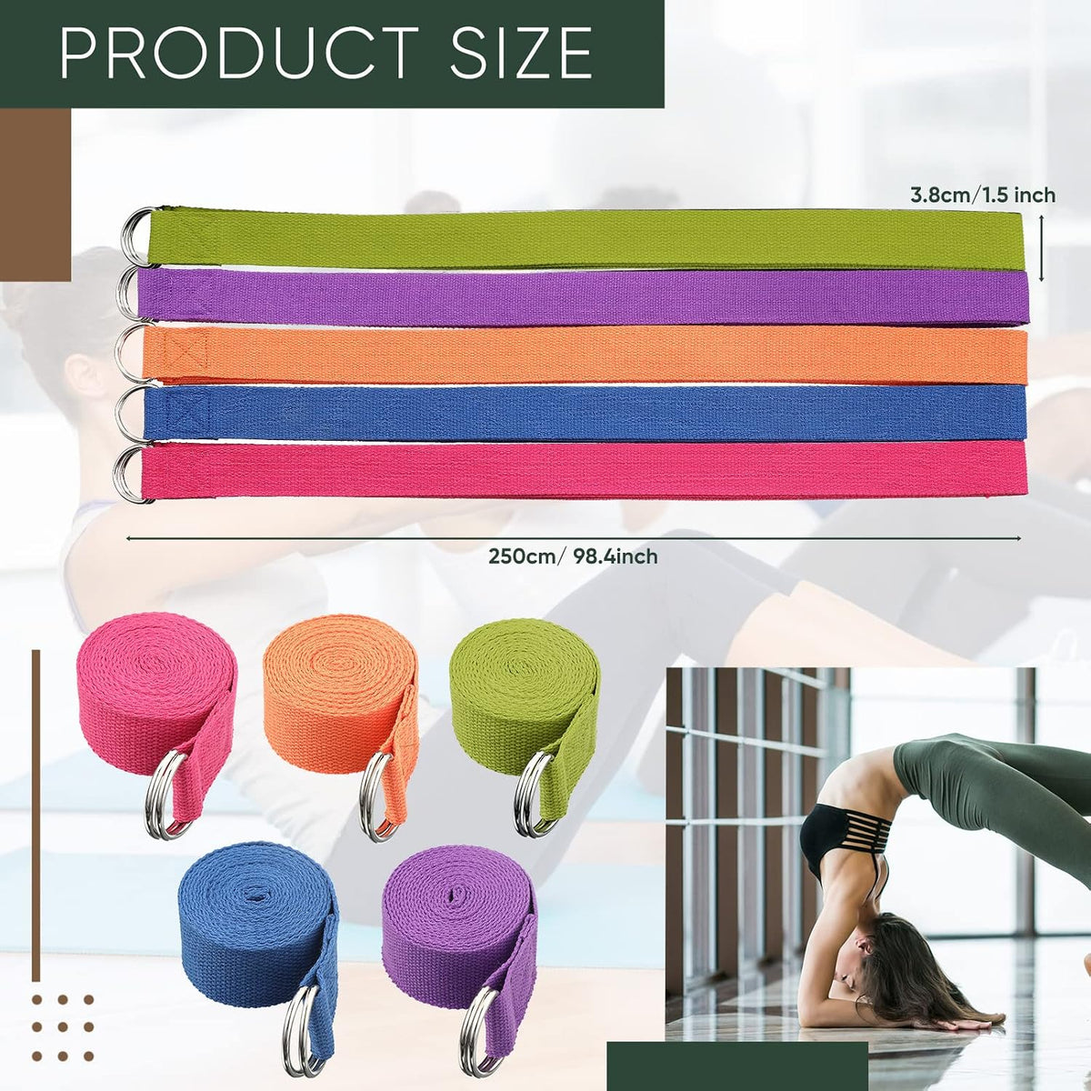 10Pcs 8Ft Yoga Strap with Metal D‑Ring Buckle