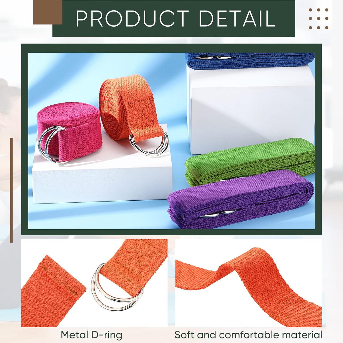 10Pcs 8Ft Yoga Strap with Metal D‑Ring Buckle