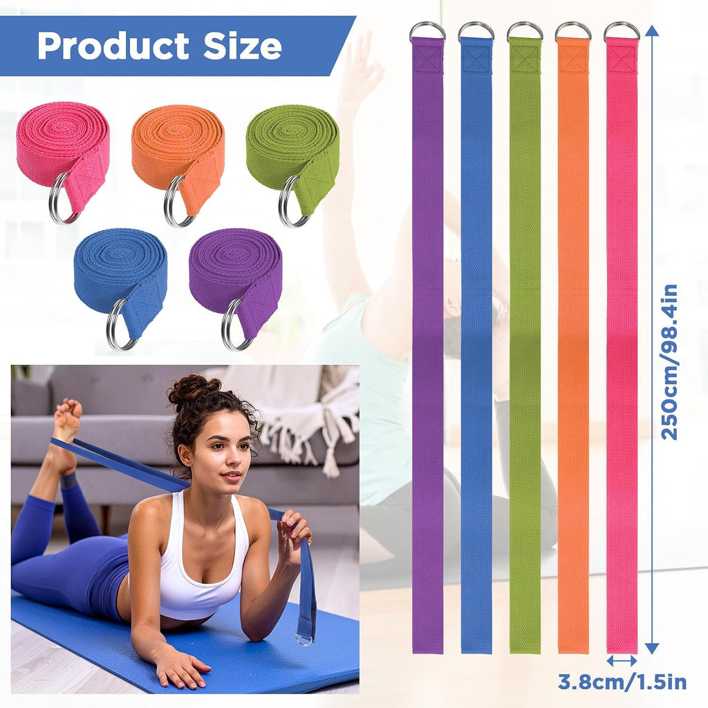 10Pcs Multicolor 8Ft Yoga Strap with Metal D‑Ring